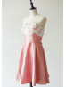 Strapless Ivory Lace Coral Taffeta Short Prom Dress